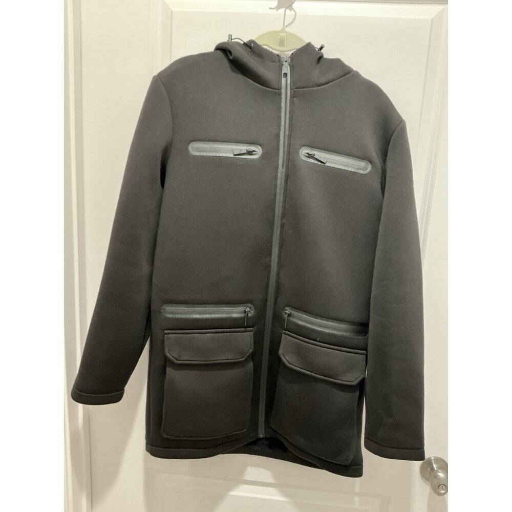 Stone Falcon Jacket Large Men's Black Zip Front With Hood Pockets Neoprene
